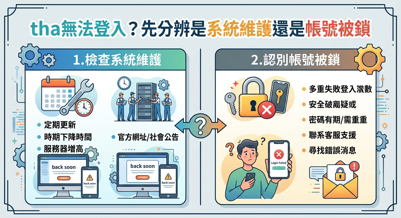 這張圖片採用雙欄對比圖解，左側展示伺服器維護與網頁公告，右側呈現帳號遭鎖定與登入失敗的提示。 上方標題為「tha無法登入？先分辨是系統維護還是帳號被鎖」，整體視覺清晰地引導使用者判斷無法登入的原因。
