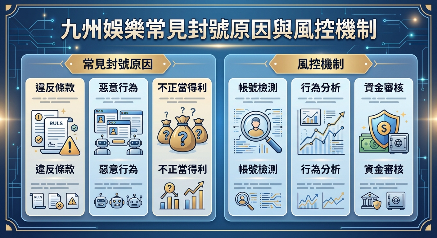 這張圖片採用深藍色的科技風背景，上方以清晰的大字標示標題「九州娛樂常見封號原因與風控機制」。 畫面下方分為「常見封號原因」與「風控機制」兩大板塊，結合簡約的圖示與文字進行條理分明的視覺化說明。