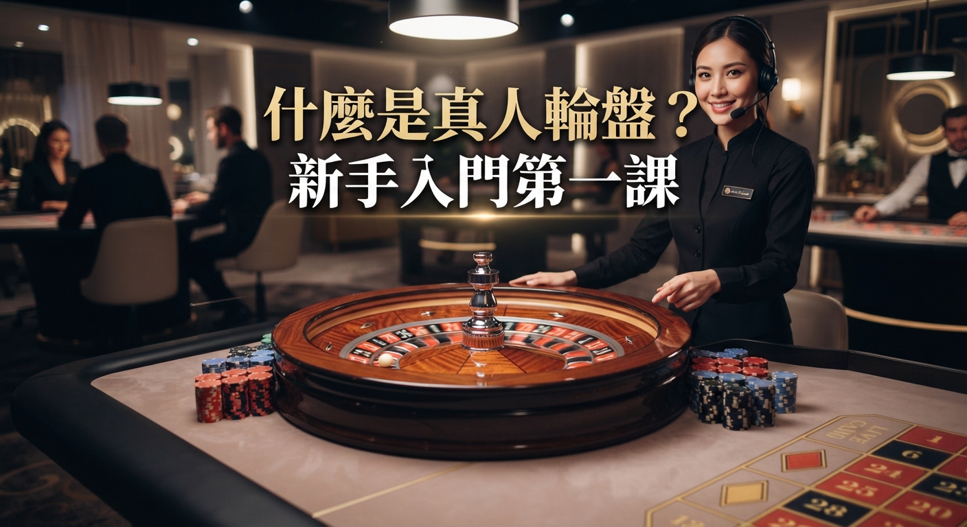 這是一張關於真人輪盤新手入門的宣傳圖片,畫面中有精緻的輪盤賭桌、籌碼以及一位面帶微笑的專業荷官。 圖片正上方清晰地標示著「什麼是真人輪盤?新手入門第一課」的醒目大標題。