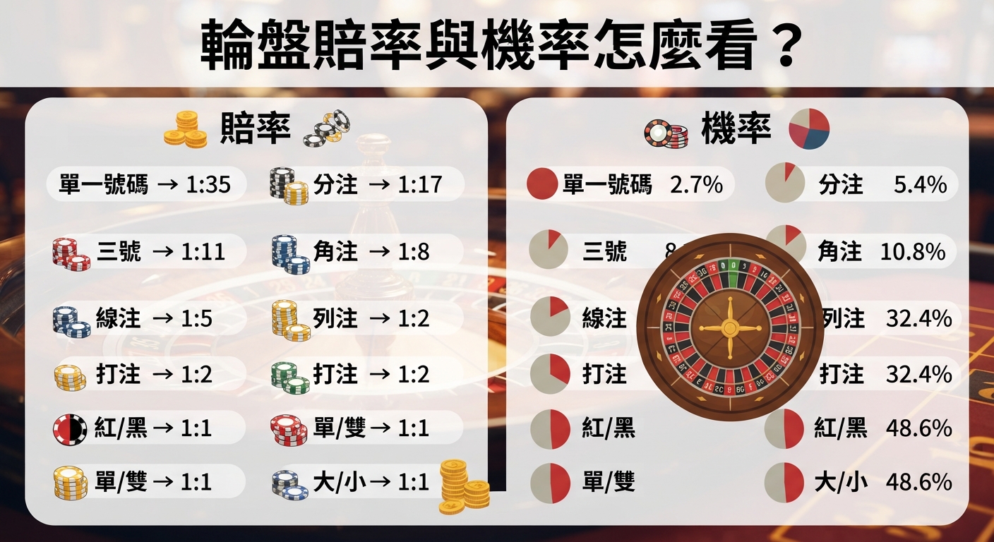 這張圖片展示了輪盤的賠率與機率對照表。 內容詳細列出各類下注方式的賠率數據以及對應的中獎機率。