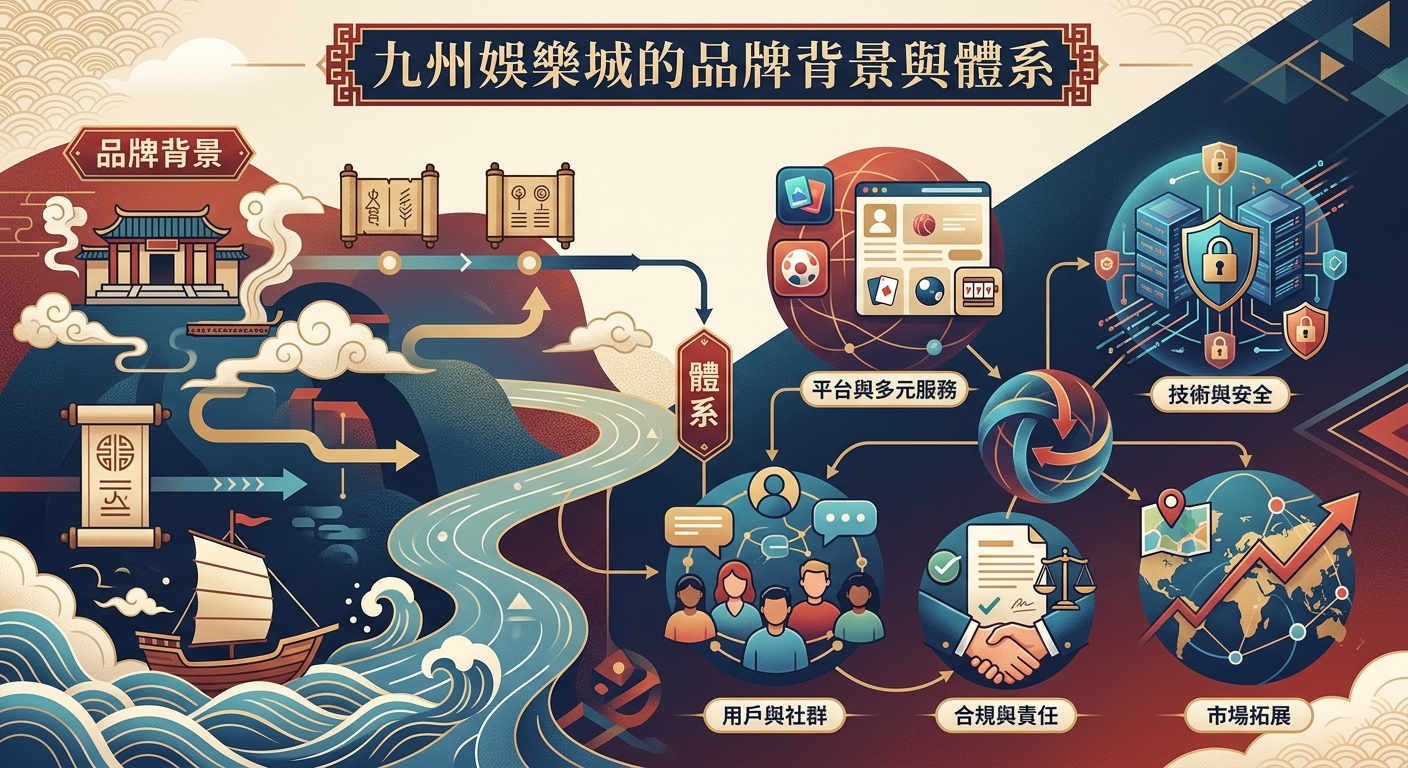 這幅圖畫以古風文雅與現代科技結合的插畫風格,展現了「九州娛樂城」從傳統品牌底蘊邁向現代多元服務與全球市場發展的架構流程。 畫面包含古典建築、航海帆船、雲海波浪等背景元素,並透過清晰的流程線條串聯起平台服務、技術安全、用戶社群與合規拓展等核心體系。