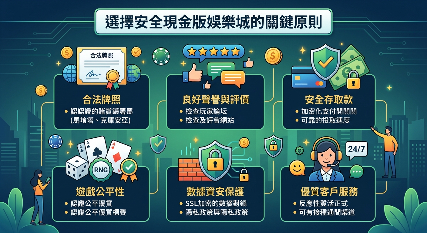 這張圖表介紹了選擇安全現金版娛樂城的關鍵原則,涵蓋合法牌照、良好聲譽與評價以及安全存取款等要素。 此外,內容還強調了遊戲公平性、數據資安保護和優質客戶服務,協助玩家做出客觀評估。