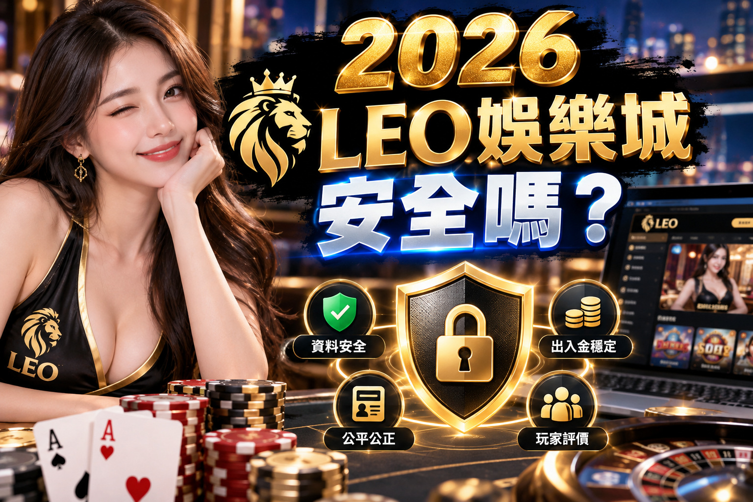 圖片以黑金奢華風格呈現「2026 LEO娛樂城安全嗎?」主題,結合美女荷官、娛樂城介面與賭場元素,營造高級科技氛圍。 透過金色盾牌與安全鎖圖示,突顯資料安全、出入金穩定、遊戲公平性及玩家評價等重要安全評估指標。