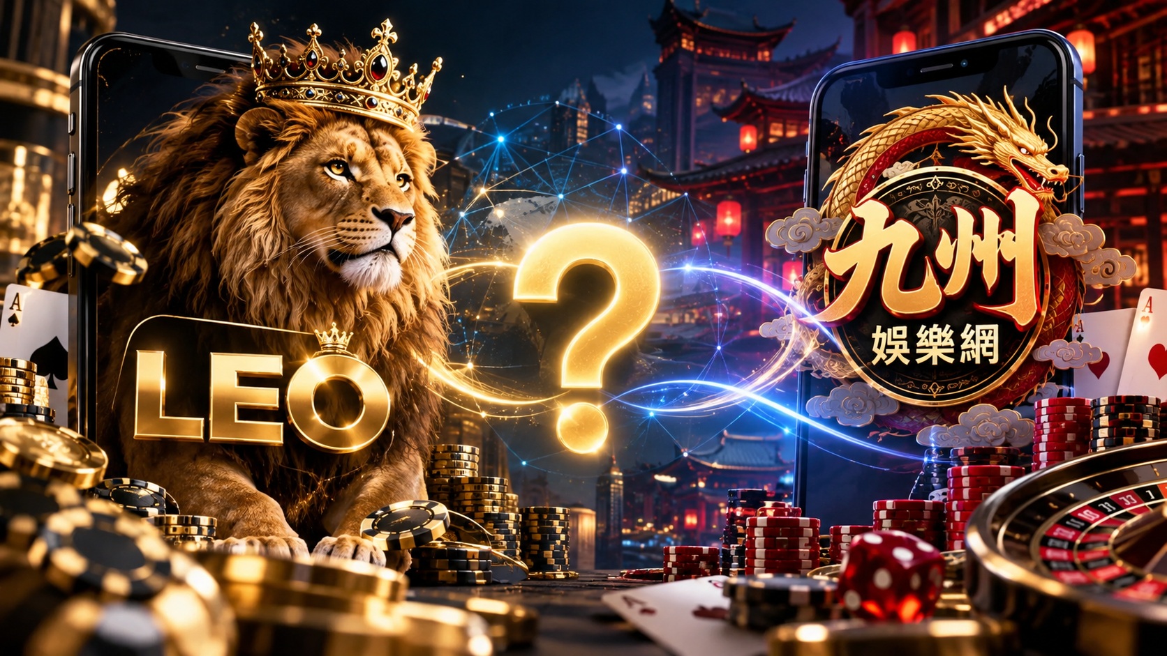 圖片以金色雄獅象徵LEO娛樂城,搭配九州娛樂網的金龍標誌,呈現兩大娛樂平台的品牌特色與視覺對比。 中央以發光問號與科技光線串聯雙方,突顯LEO與九州娛樂網之間的關係及其背後的合作疑問。